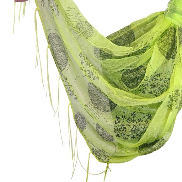 Scarf Sheer Green Chartreuse Floral Print Fringe Y2K 2000s - Picture 2 of 2